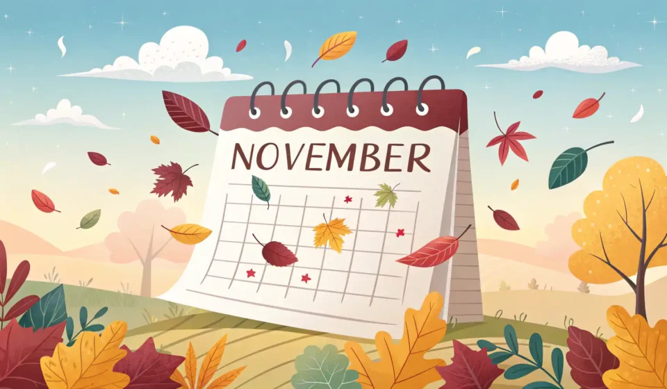 11월 영어로 어떻게 말할까요? November 완벽 가이드 가을 분위기의 11월 달력과 영어 표현 학습을 상징하는 말풍선 아이콘 이미지