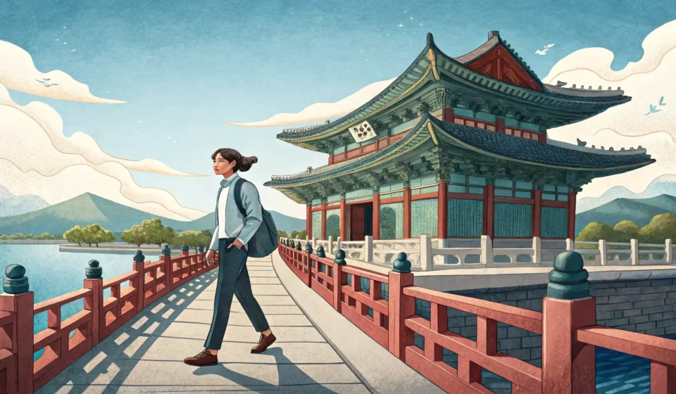 해외취업 성공을 위한 필수 영어 표현 가이드 해외 취업 영어 표현 학습: 다리를 건너 해외 도시로 나아가는 사람과 언어 학습을 상징하는 아이콘 이미지