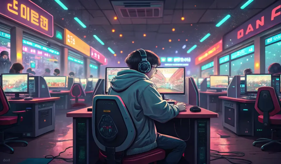 PC방 음식 주문, 영어로 자신 있게! PC방에서 영어로 음식 주문하는 법을 배우는 것을 나타내는 음식과 영어 아이콘이 있는 일러스트