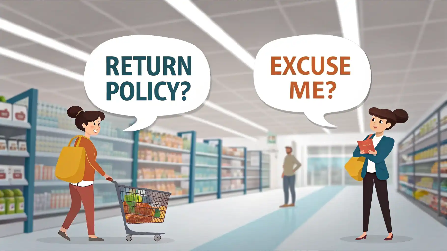북적이는 매장에서 환불 규정 물어보기 영어로 쇼핑백과 영수증 위로 "Return policy?", "Excuse me?" 영어 표현 말풍선이 떠 있는 이미지. 영어 환불 표현 학습을 나타냄.