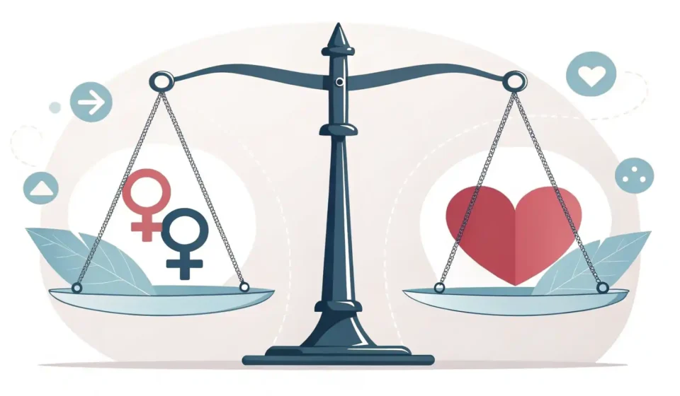 성차별, 영어로 어떻게 표현할까요? 성차별 관련 영어 표현 학습을 나타내는 불균형한 저울과 토론 아이콘 이미지