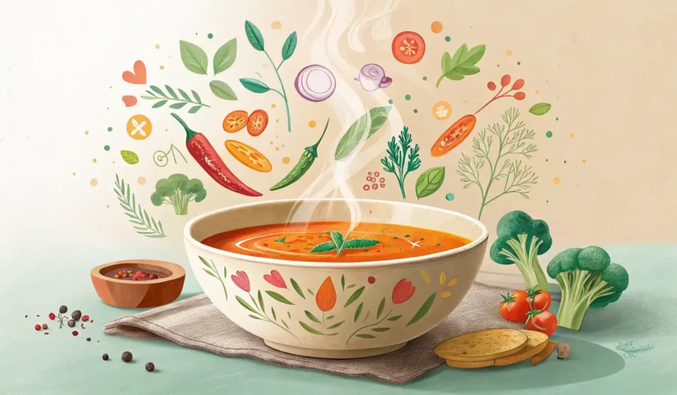 스프 영어로? Soup 하나로 끝! 다양한 종류와 표현법 완벽 정복 따뜻한 스프 한 그릇 위로 영어 학습을 상징하는 아이콘들이 떠오르는 이미지