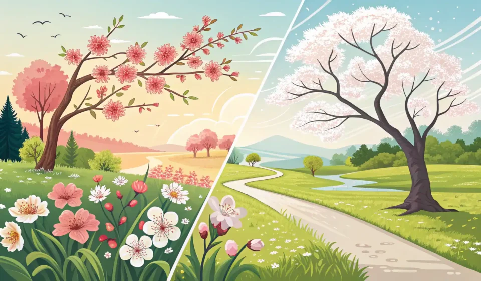 봄을 영어로 표현하는 완벽 가이드: 계절부터 용수철까지 영어 단어 'Spring'의 여러 의미(계절 봄, 용수철)를 시각적으로 표현한 이미지.