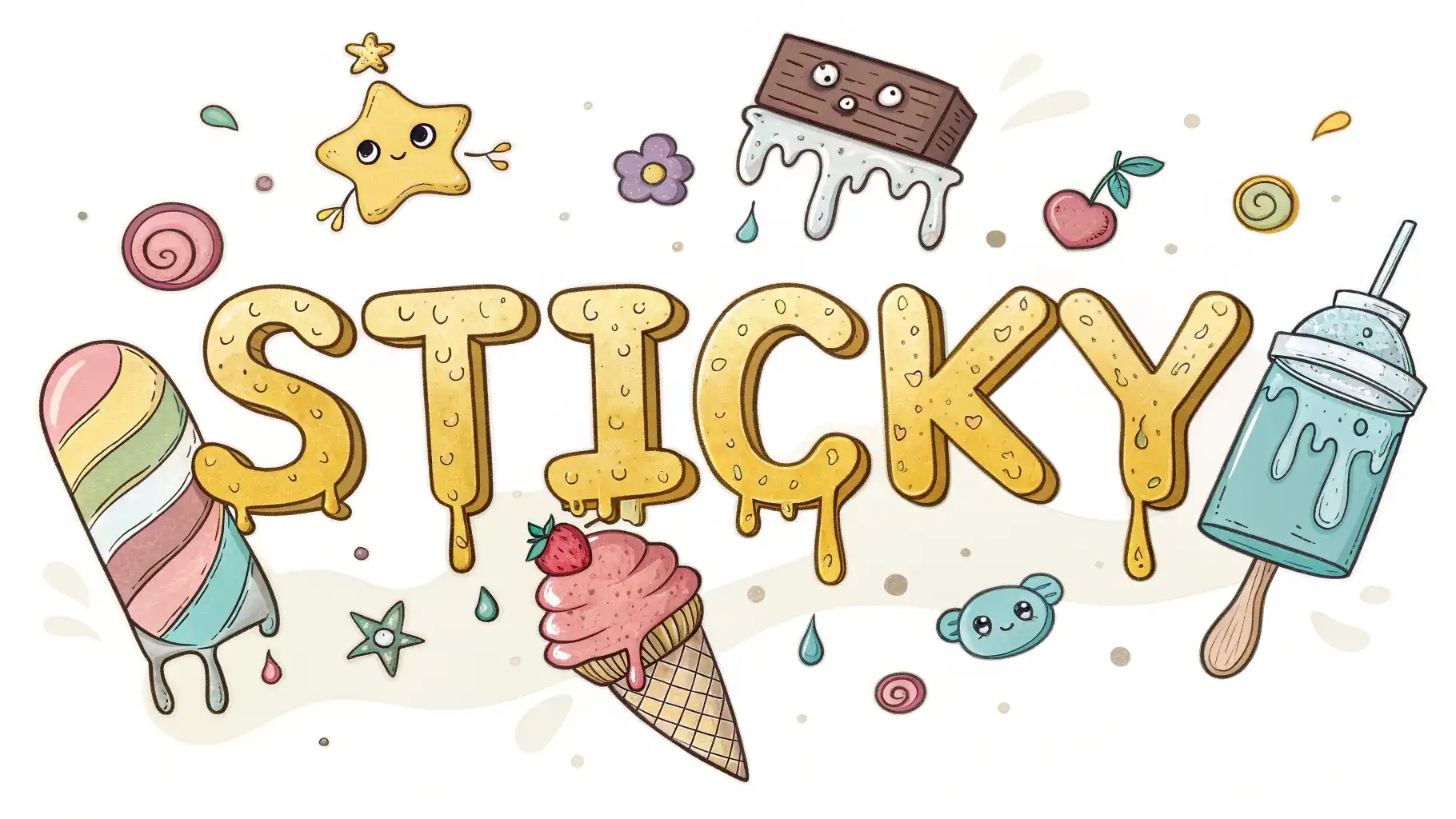 끈적임을 영어로 묘사하는 표현들 끈적이는 글씨체 'Sticky'와 영어로 끈적임을 묘사하는 법을 배우는 것을 나타내는 아이콘 및 말풍선 일러스트.