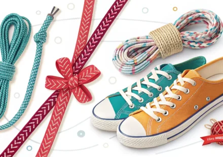 일상 속 필수템 ‘끈’, 영어로 자유자재로 말하는 법 다양한 종류의 끈(신발끈, 리본, 밧줄, 전선) 이미지와 함께 영어 표현 학습을 상징하는 아이콘.