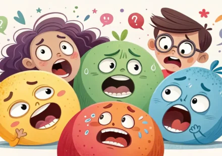 상황별 놀람 영어 표현: 자연스럽게 감정을 전달하세요 다양한 놀람의 표정을 짓고 있는 얼굴들과 영어 학습을 상징하는 아이콘들이 어우러진 일러스트 이미지