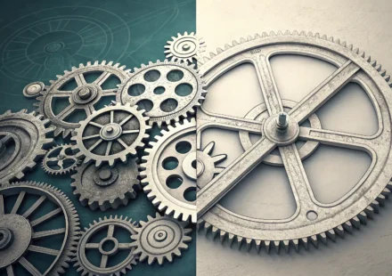 Though vs Despite: 헷갈리는 양보 표현, 확실하게 정리! Though와 Despite의 문법적 차이를 시각적으로 표현한 이미지: 복잡한 절 구조(기어)와 단순한 명사구(블록)의 대비.