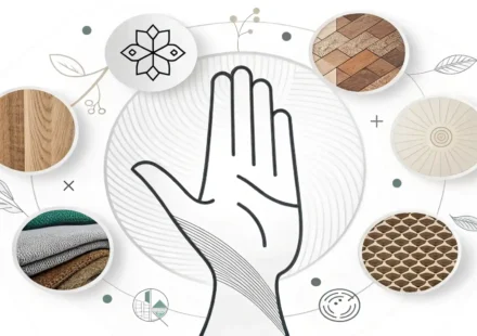 촉감 영어로 완벽 정복: 부드러움부터 거칠기까지 표현하기 다양한 질감 아이콘(부드러움, 거칠음, 매끄러움)과 영어 학습을 상징하는 손 이미지