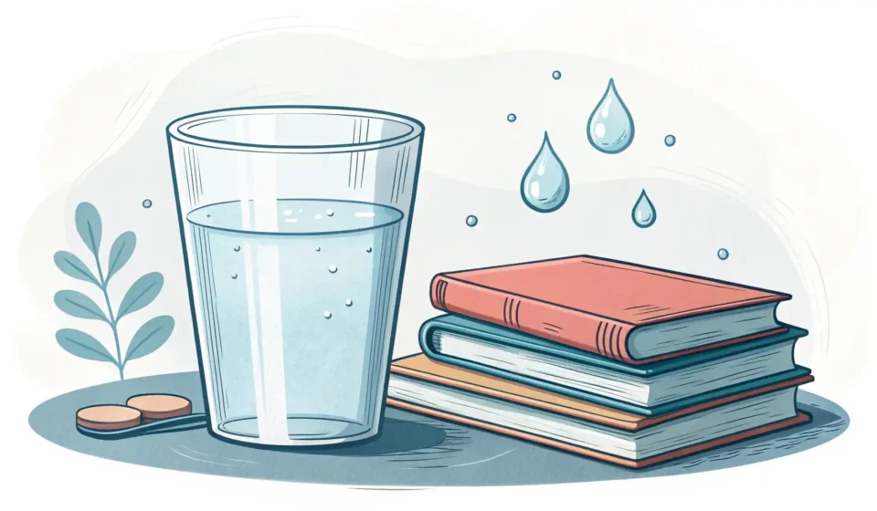 물 영어로 어떻게 표현할까요? Water의 모든 것! 물 한 잔과 영어 학습을 상징하는 아이콘이 있는 책이 함께 있는 일러스트레이션