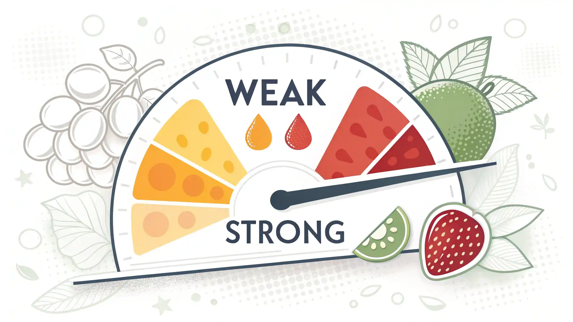 맛의 강도를 영어로 표현하는 방법 맛의 강도를 약함(Weak)부터 강함(Strong)까지 보여주는 눈금과 함께 mild, rich, intense 등 관련 영어 표현과 음식 아이콘이 그려진 이미지, 영어 맛 표현...
