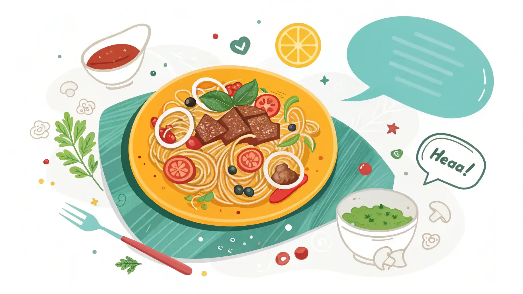 맛있는 음식을 영어로 자신 있게 추천해보세요! 맛있는 음식 그림 위로 "Delicious!", "Try this!" 같은 영어 표현 말풍선이 떠 있는 이미지. 음식 관련 영어 표현 학습 콘텐츠 썸네일.