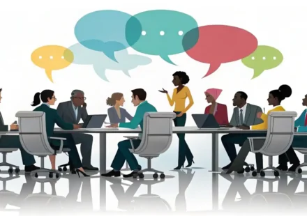 성공적인 비즈니스 회의를 위한 필수 영어 표현 가이드 비즈니스 회의 테이블에 둘러앉은 다양한 사람들 위로 아이콘이 담긴 말풍선이 떠 있고, 학습을 상징하는 전구 아이콘이 있는 이미지