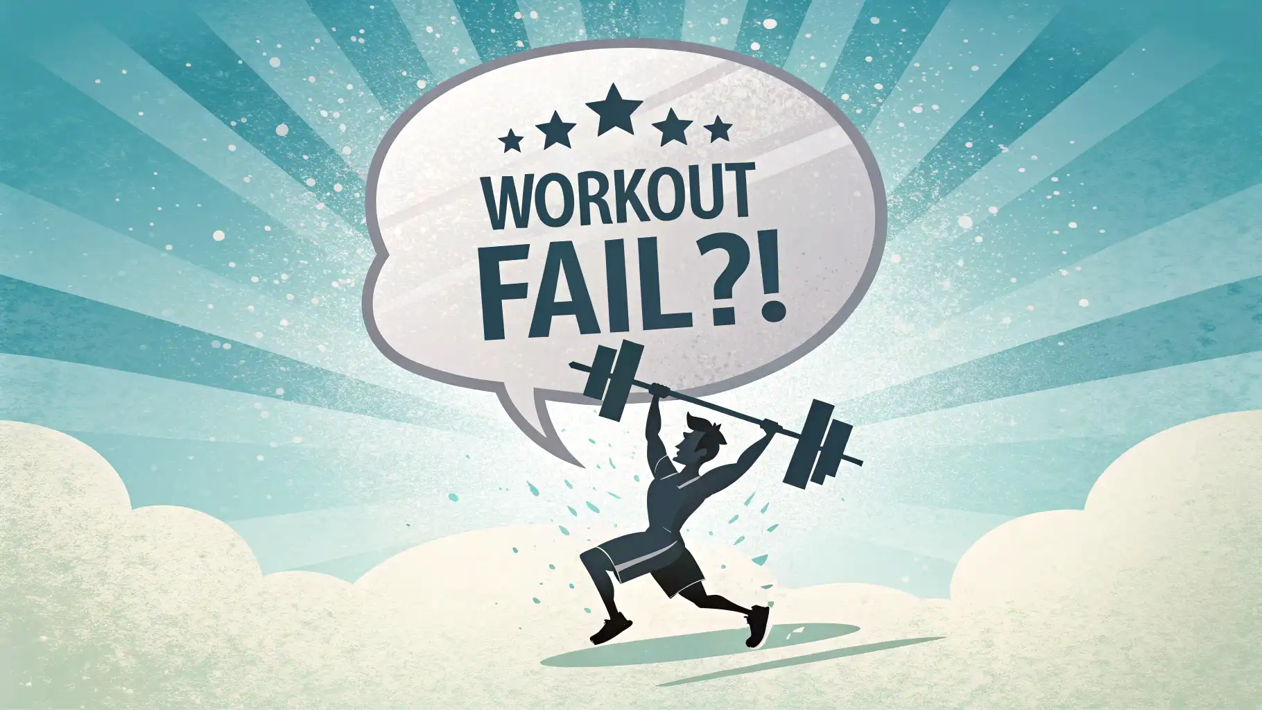 친구의 엉망진창 운동 루틴 농담 영어로? 헬스장에서 저항 밴드에 엉킨 사람 위로 "Workout Fail?!" 영어 표현이 적힌 말풍선이 떠 있는 일러스트, 엉망진창 운동 관련 영어 배우기 컨셉.
