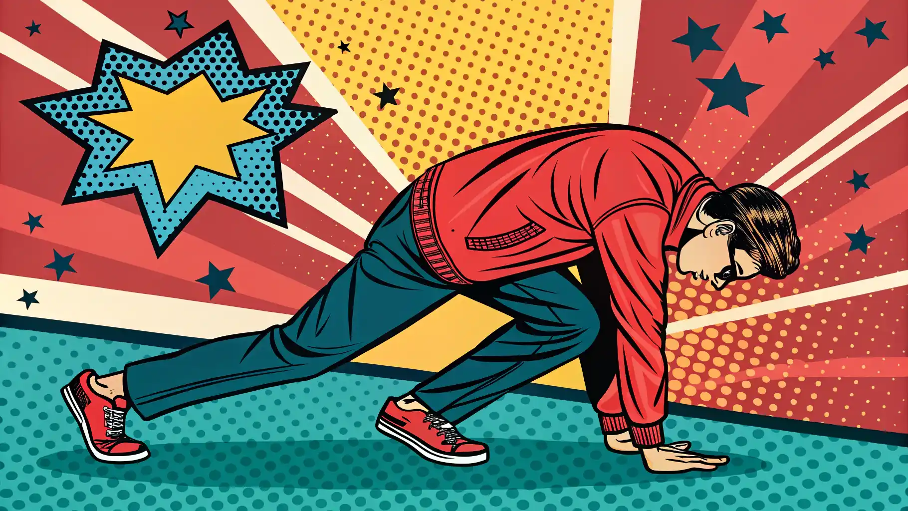 Bend over backwards 구문: 최선을 다하거나 특별한 노력을 기울이는 것을 표현하는 방법 영어로 영어 관용구 'Bend over backwards'(최선을 다하다)의 의미를 설명하는 팝아트 스타일 그림 썸네일