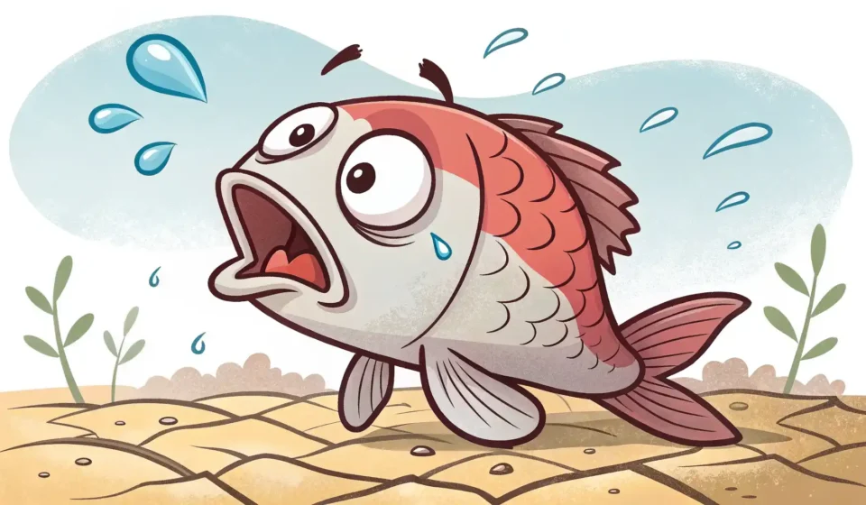 Like a fish out of water 구문: 익숙하지 않은 환경에서 불편함을 느끼는 것을 표현하기 영어로 물 밖에 나와 어색하게 있는 물고기 그림, 영어 관용구 'like a fish out of water'를 시각적으로 표현.