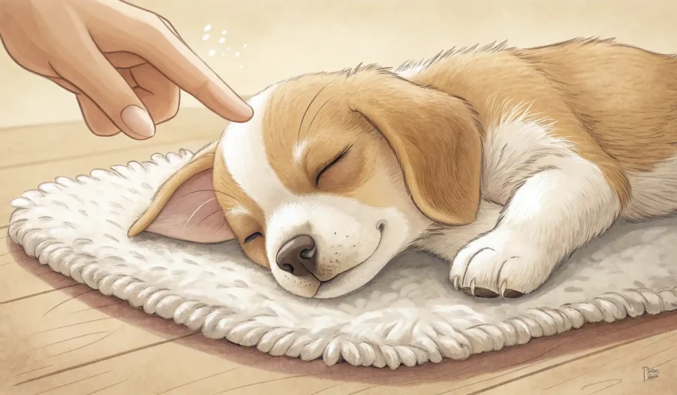 Let Sleeping Dogs Lie: 문제를 건드리지 않는 지혜, 영어로 표현하기 잠자는 개 옆에서 조용히 하라는 손짓을 하는 모습의 일러스트, 'Let sleeping dogs lie' 영어 관용구 배우기 썸네일