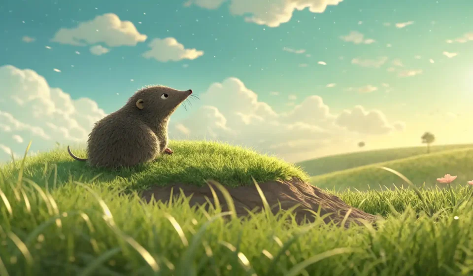 Make a mountain out of a molehill 구문: 작은 문제를 과장하는 것을 표현하는 방법 영어로 작은 두더지 둔덕이 거대한 산 그림자를 드리우며 영어 관용구 'make a mountain out of a molehill' (침소봉대)을 시각적으로 표현하는 이미지.