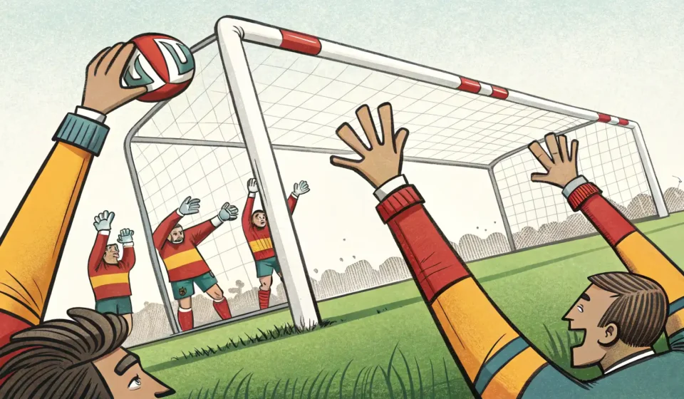 규칙 변경? ‘Move the goalposts’ 영어로 자연스럽게 말하는 법 축구 골대가 경기 도중 옮겨지는 모습을 표현한 그림, 영어 관용구 'move the goalposts'의 의미인 불공평한 규칙 변경을 상징함.