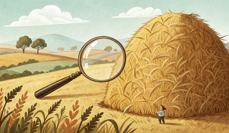 Needle in a Haystack: 찾기 힘든 것을 표현하는 완벽 가이드 건초 더미 속에서 돋보기로 바늘을 찾는 모습을 표현한 이미지, 찾기 어려운 것을 뜻하는 영어 표현 'Needle in a haystack' 학습 관련.