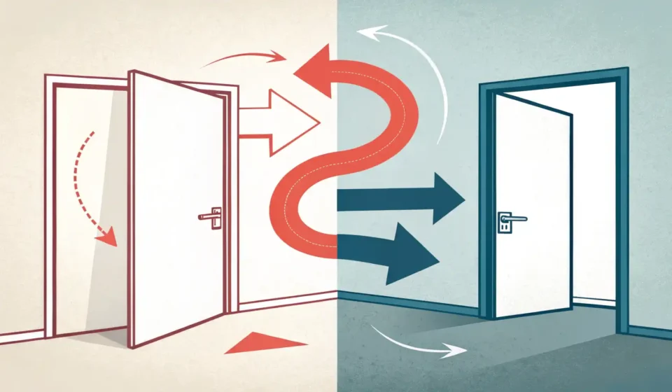 “In and Out” vs “Inside and Outside”: 정확히 알고 쓰는 안팎 이동 영어 표현 문으로 들어오고 나가는 움직임을 나타내는 화살표와 집의 내부 및 외부 영역 전체를 강조하는 이미지를 나란히 보여주며 'in and out'과 'inside and outside'...