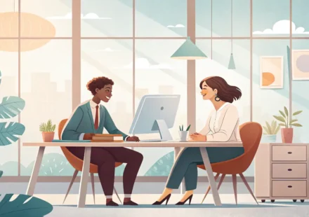 취업 면접 성공! 상담소에서 배우는 영어 면접 팁 취업 상담소에서 영어 면접 관련 조언을 받는 사람의 모습 일러스트