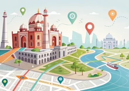 위치 영어로: 길 찾기부터 약속 장소 설명까지 완벽 마스터 지도 위 핀과 방향 표시 아이콘으로 위치 관련 영어 표현 학습을 상징하는 이미지