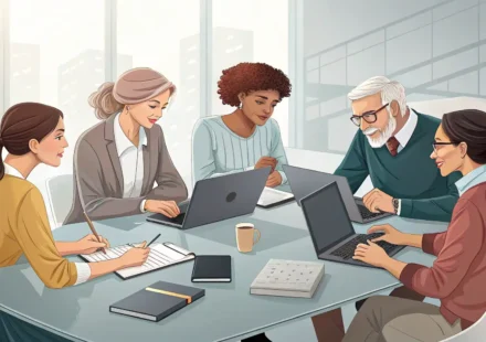 성공적인 모임을 위한 필수 영어 표현: 자신감 있게 소통하세요 회의에서 영어 표현을 사용하여 자신감 있게 소통하는 사람들을 보여주는 일러스트레이션