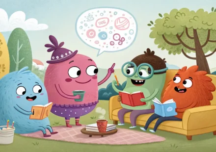 자신감 있게 내 생각 말하기: 상황별 의견 영어 표현 완벽 정리 영어로 자신감 있게 의견을 표현하는 방법을 나타내는 다양한 사람들의 대화 일러스트