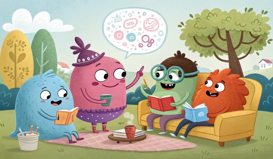 자신감 있게 내 생각 말하기: 상황별 의견 영어 표현 완벽 정리 영어로 자신감 있게 의견을 표현하는 방법을 나타내는 다양한 사람들의 대화 일러스트