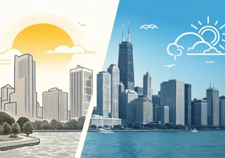 Conversely vs. Inversely: 헷갈리는 반대 관계 영어 표현 완벽 정리! 도시와 시골 풍경 아이콘이 반대로 나뉘어 'Conversely'와 'Inversely' 같은 반대/대조 영어 표현의 차이를 시각적으로 나타내는 이미지