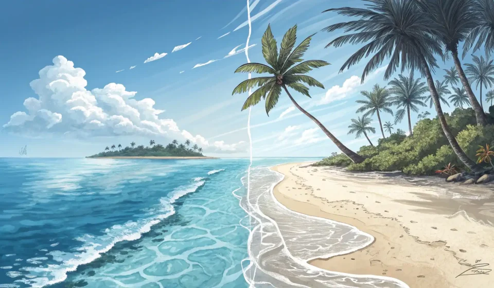바다를 영어로? Sea와 Ocean 완벽 정복 가이드 잔잔한 바다(Sea)와 넓은 대양(Ocean) 이미지를 비교하며 영어 단어 차이를 배우는 것을 나타내는 그림