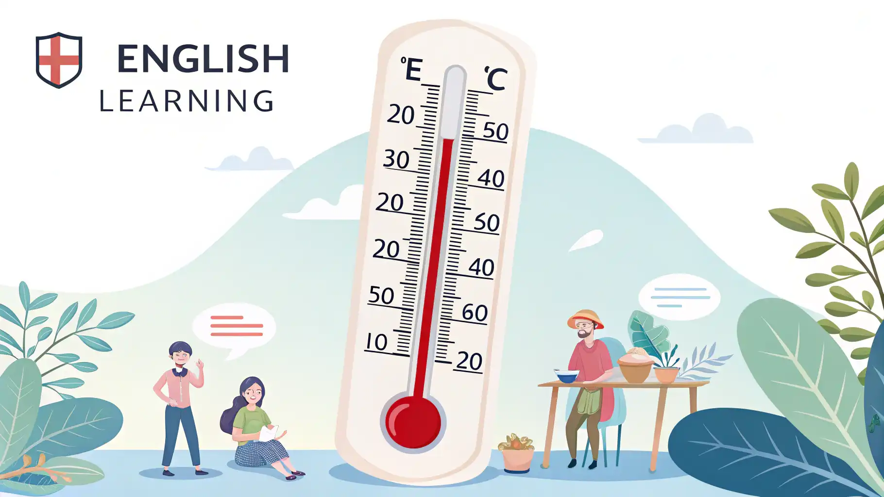 날씨 온도, 영어로 자연스럽게 말하기 온도계와 다양한 날씨 아이콘(해, 눈송이, 바람) 옆에 'It's hot!', 'It's cold!' 같은 영어 온도 표현이 적힌 말풍선이 있는 이미지. 영어 온도 표현 배우기 관...