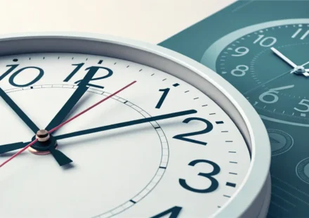 “At”과 “By” 완벽 구분! 시간 표현 영어, 이것만 알면 끝! 영어 시간 표현 'At'과 'By'의 차이를 정확한 시각을 나타내는 시계와 마감 기한을 나타내는 달력으로 시각화한 이미지.