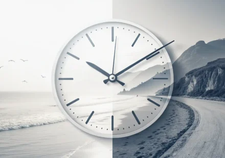 “In no time” vs “Instantly”: 찰나의 순간, 영어로 어떻게 말할까? 빠르게 움직이는 시계와 번개 아이콘으로 'In no time'과 'Instantly'의 미묘한 시간 차이를 시각적으로 표현하며 영어 시간 표현 학습을 나타내는 이미지