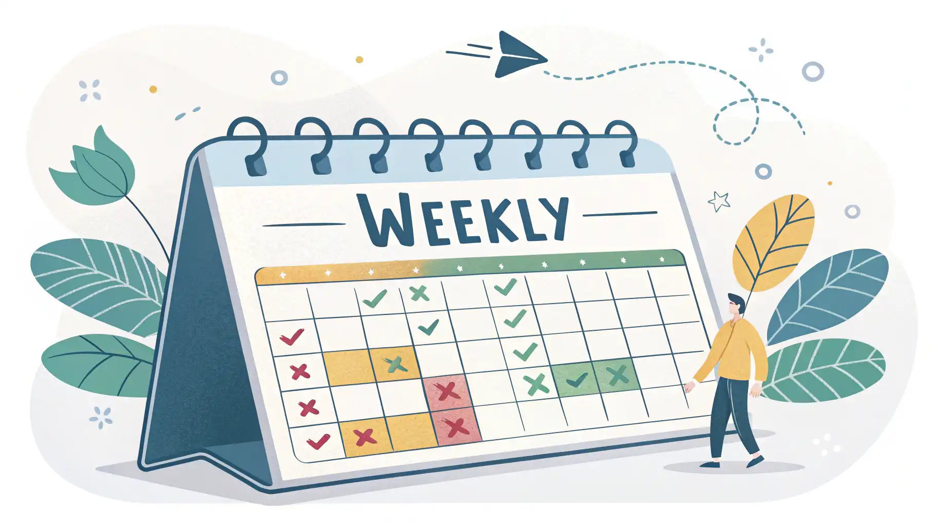 Weekly와 “Once a week”의 차이와 주간 빈도 표현 영어로 주간 캘린더 그래픽과 영어 학습 아이콘 이미지. 'Weekly'와 'Once a week' 영어 빈도 표현의 차이를 시각적으로 설명함.