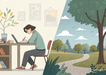 While vs Meanwhile: 동시 상황, 영어로 자연스럽게 표현하기 두 가지 활동(공부와 음악 감상)이 동시에 일어나는 모습을 보여주는 분할 화면 그림, 영어의 'While'과 'Meanwhile' 사용법 학습 관련 이미지.