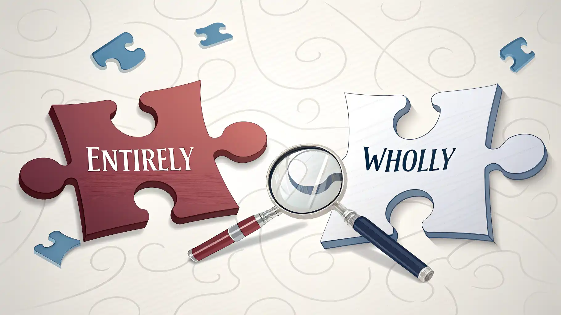 Entirely와 Wholly의 차이와 전체 범위 표현 영어로 'Entirely'와 'Wholly'의 미묘한 차이와 'Complete', 'Total' 등 전체 범위를 나타내는 다양한 영어 부사 및 표현을 설명하는 이미지.