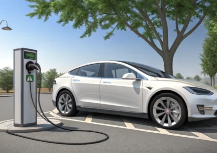 전기차, 영어로 자신 있게 대화하기: 필수 표현 총정리 전기차와 충전소 옆에 영어 표현 학습을 상징하는 물음표와 전구 아이콘이 떠 있는 일러스트레이션