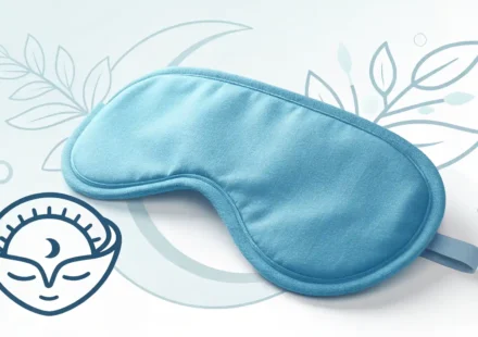 수면의 질을 높이는 안대, 영어로 어떻게 말할까요? 파란색 수면 안대와 영어 단어 학습을 상징하는 아이콘 이미지