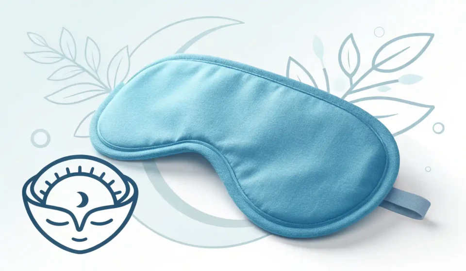 수면의 질을 높이는 안대, 영어로 어떻게 말할까요? 파란색 수면 안대와 영어 단어 학습을 상징하는 아이콘 이미지