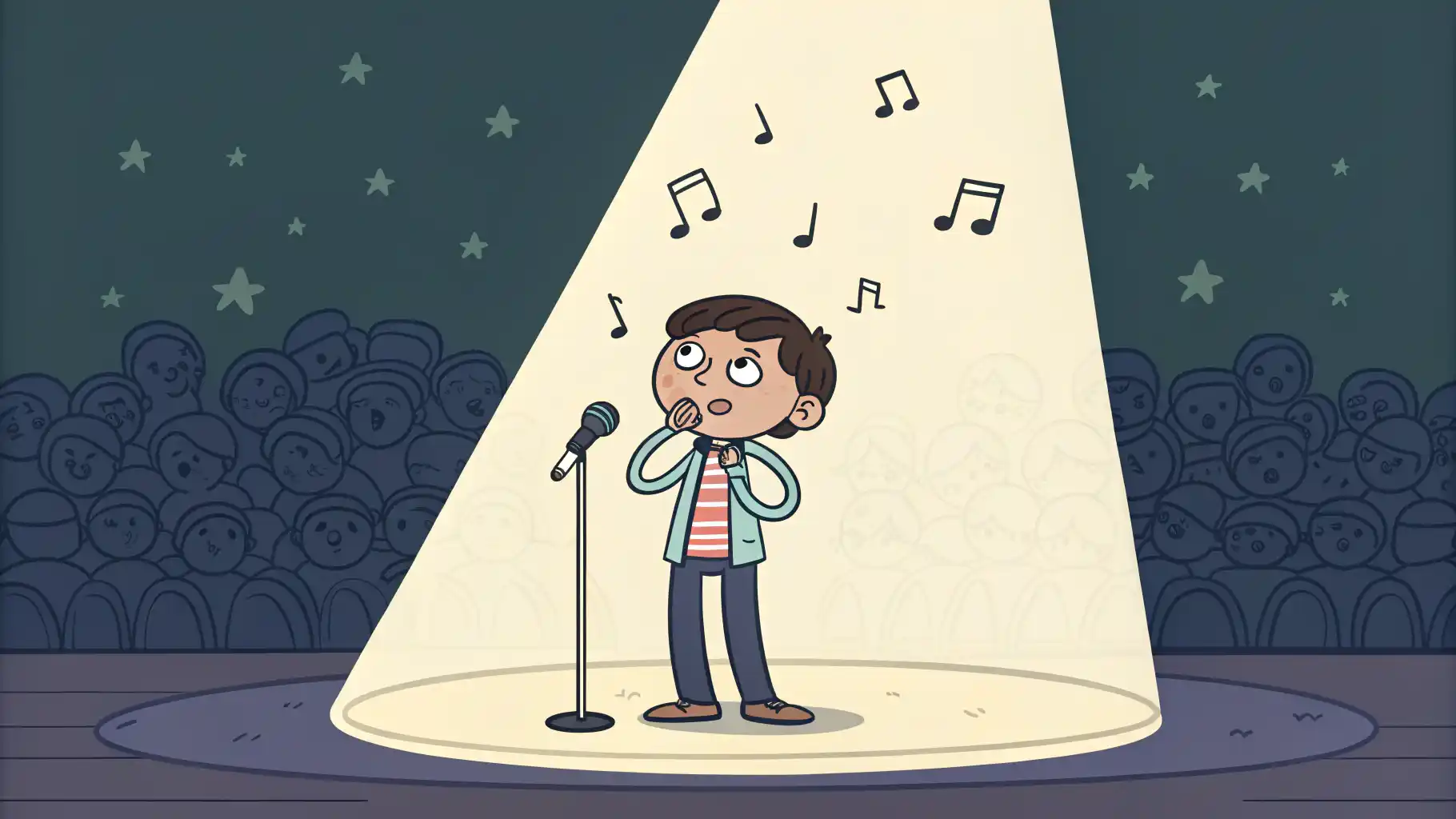 Face the music 구문: 자신의 행동에 대한 결과를 받아들이는 것을 표현하는 방법 영어로 벡터 아트 스타일, 무대 위 스포트라이트 아래에서 'Face the music?'라는 영어 표현을 떠올리는 사람 이미지. 행동의 결과를 받아들이는 영어 표현 배우기.