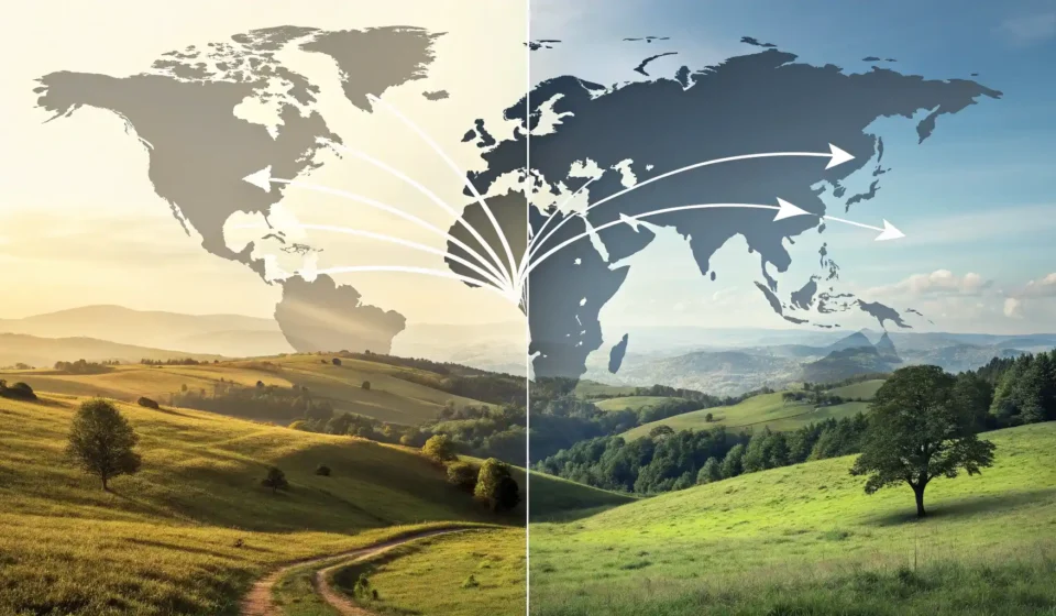 Far and Wide vs. Extensively: 광범위함을 나타내는 영어 표현 완벽 정복 지리적 확산(far and wide)과 심층적 깊이(extensively)를 시각적으로 대비하여 보여주는 영어 표현 학습 이미지