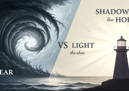 두려움을 영어로 표현하는 완벽 가이드: Fear부터 Phobia까지 두려움을 나타내는 어두운 이미지에서 영어 표현 학습을 상징하는 밝은 아이콘으로 전환되는 그래픽