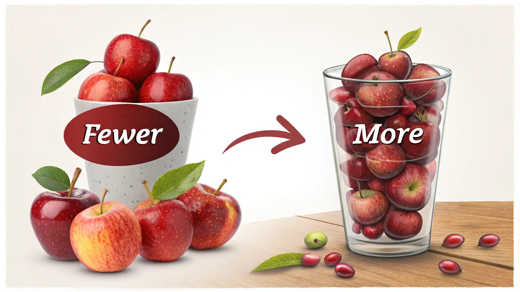 Fewer와 Less, 헷갈리는 수량 비교 끝내기! 'Fewer' 글자 아래 놓인 몇 개의 사과와 'Less' 글자 아래 담긴 적은 양의 물을 비교하여 영어 수량 표현 'Fewer'와 'Less'의 차이를 시각적으로 설명하는 이미지...