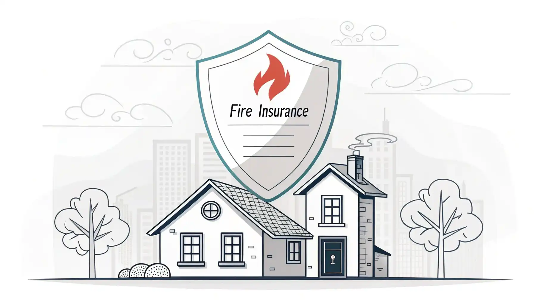 화재보험 영어로: 핵심 표현과 실전 대화 완벽 정리 집 아이콘을 보호하는 'Fire Insurance' 방패와 'Get a quote?', 'Coverage?' 같은 영어 표현이 적힌 말풍선, 영어 사전 아이콘이 있는 교육적인 그래...