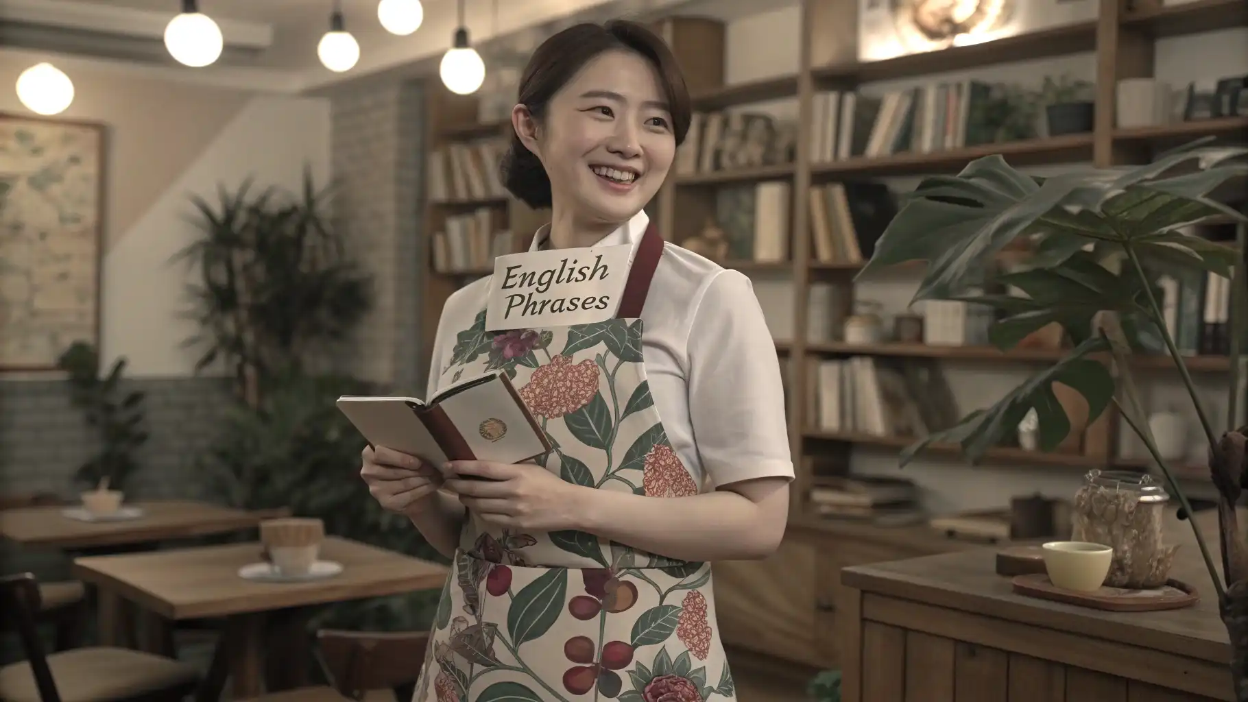 플라워 카페 영어 손님 응대, 이것만 알면 문제없어요! 플라워 카페 직원이 영어 응대 표현 노트를 들고 미소 짓는 일러스트