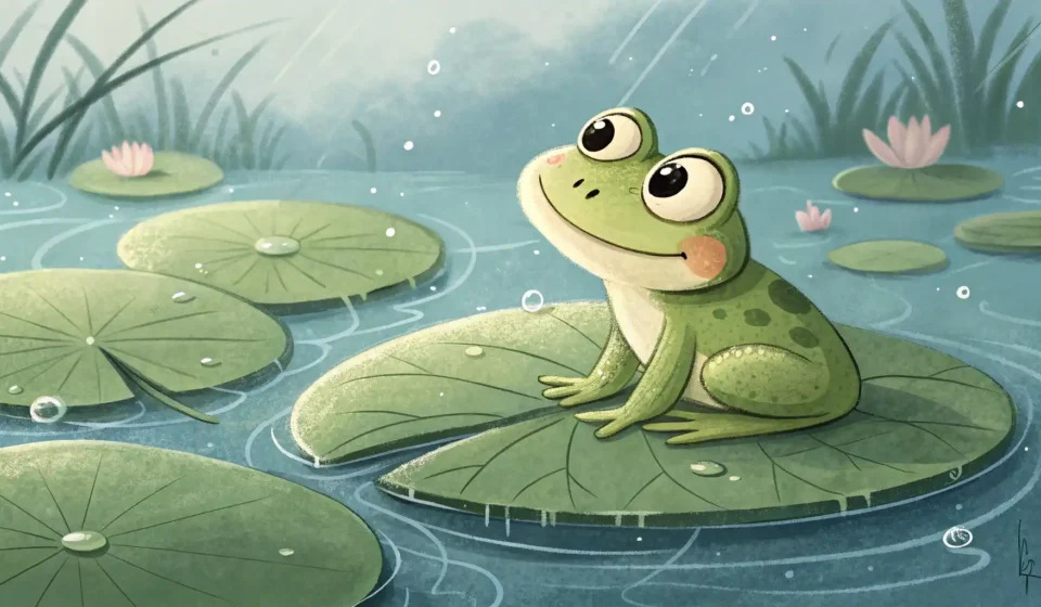개구리 영어로? Frog! 쉽고 재미있게 배우는 개구리 관련 영어 표현 연꽃 잎 위에 앉아 영어 표현을 궁금해하는 귀여운 개구리 일러스트