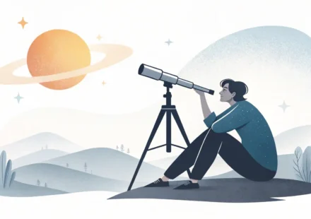 미래를 영어로 말하는 법: 시제와 표현 완벽 정복 미래를 상징하는 밝은 수평선을 망원경으로 바라보는 사람과 영어 학습을 나타내는 알파벳 아이콘.