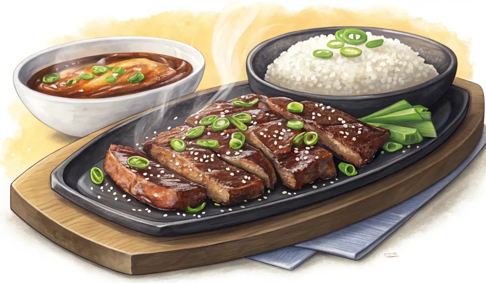갈비, 영어로 자신 있게 주문하세요: 완벽 가이드 맛있게 구워진 갈비와 영어를 배우는 것을 나타내는 말풍선 아이콘이 함께 있는 이미지