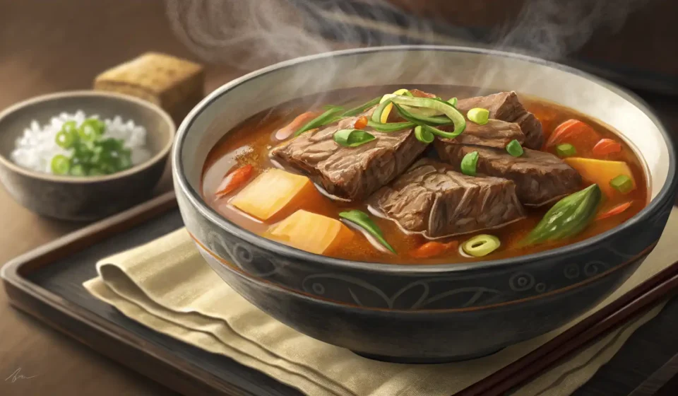 갈비탕 영어로? 외국인에게 자신 있게 설명하는 방법 김이 나는 맛있는 갈비탕 한 그릇 옆에 영어 공부 노트와 펜이 놓여 있어 갈비탕 관련 영어 표현 학습을 시각적으로 나타내는 이미지